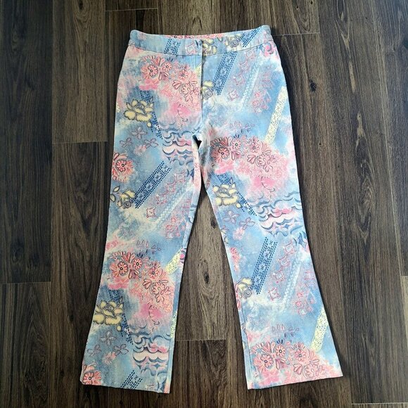💙 Haggar Pastel Artsy Wide Leg Cotton Pants Size 12 Feminine Floral - Picture 1 of 7